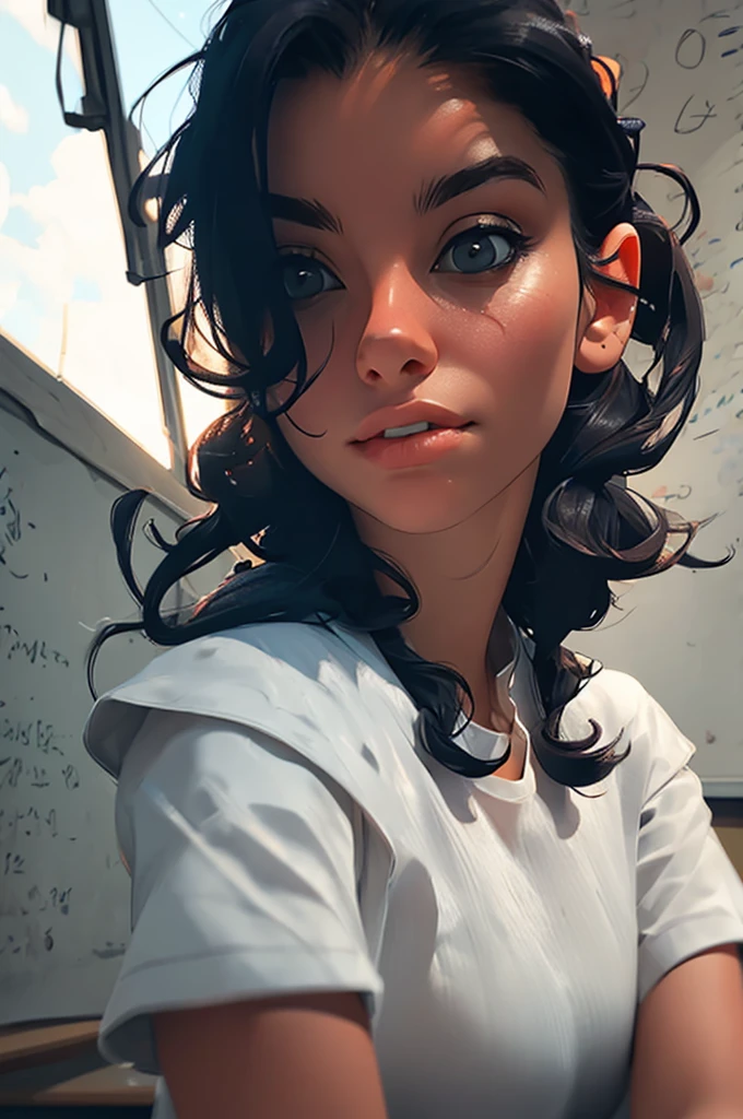 1girl, portrait of shot of re4ashley, athletic, black , white shirt, classroom, volumetric lighting, best quality, masterpiece, intricate details, tonemapping, sharp focus, hyper detailed, trending on Artstation, realistic, 