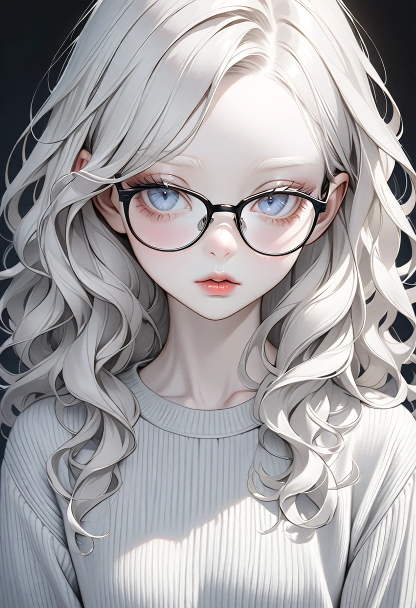 Ultra-realism An albino girl, WHITE AND WAVY HAIR, grey-blue eyes, thin white eyebrow, thin lips, pale skin, white eyelashes, wearing a gray sweater, thin black frame glasses