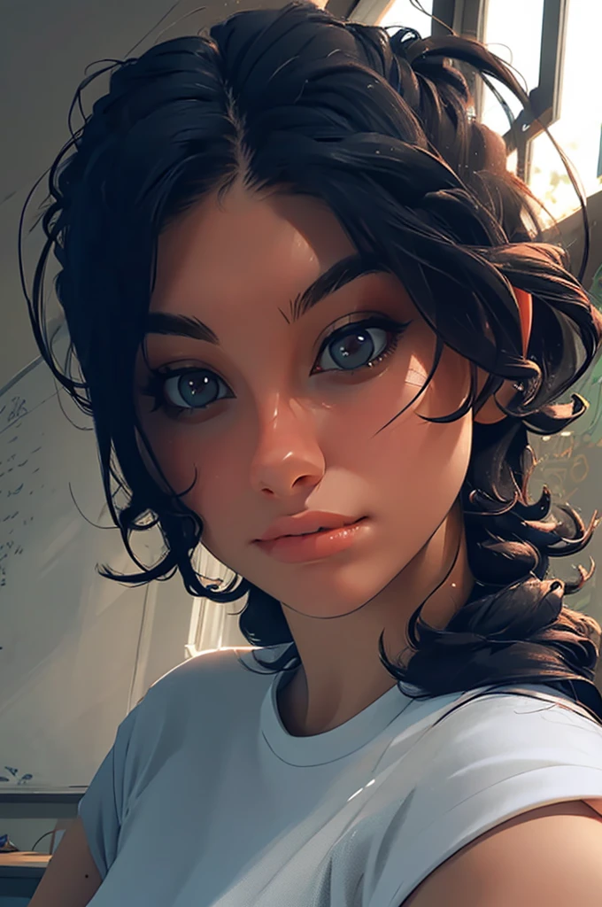 1girl, portrait of shot of re4ashley, athletic, black , white shirt, classroom, volumetric lighting, best quality, masterpiece, intricate details, tonemapping, sharp focus, hyper detailed, trending on Artstation, realistic,