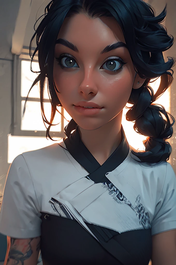 1girl, portrait of shot of re4ashley, athletic, black , white shirt, classroom, volumetric lighting, best quality, masterpiece, intricate details, tonemapping, sharp focus, hyper detailed, trending on Artstation, realistic,
