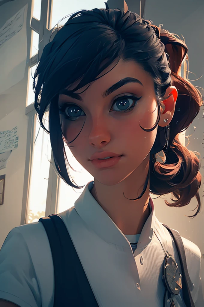1girl, portrait of shot of re4ashley, athletic, black , white shirt, classroom, volumetric lighting, best quality, masterpiece, intricate details, tonemapping, sharp focus, hyper detailed, trending on Artstation, realistic, 