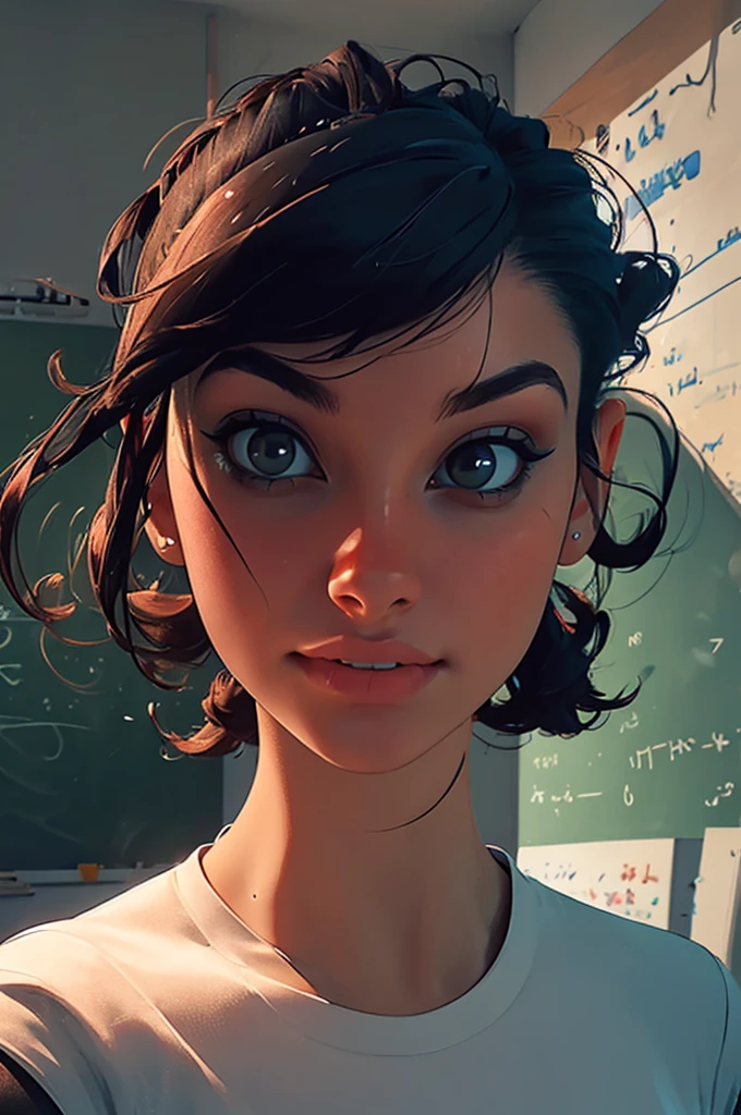 1girl, portrait of shot of re4ashley, athletic, black , white shirt, classroom, volumetric lighting, best quality, masterpiece, intricate details, tonemapping, sharp focus, hyper detailed, trending on Artstation, realistic, 
