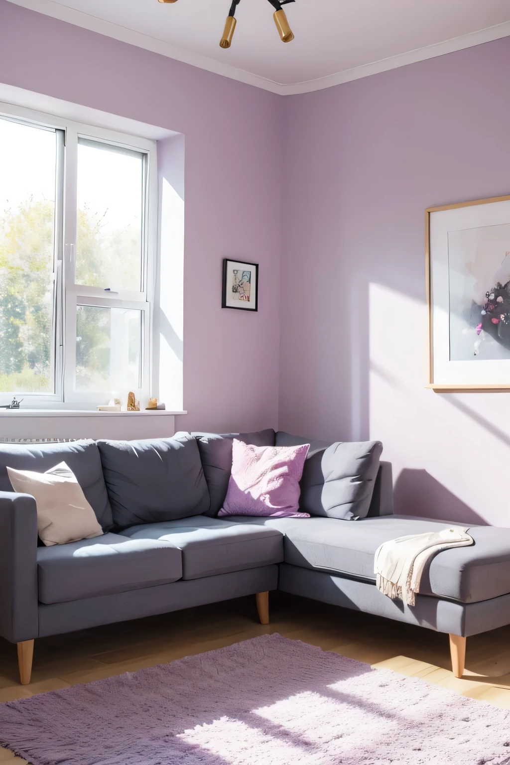 living room，sofa，window，Lilac Wall，Cartoon，front