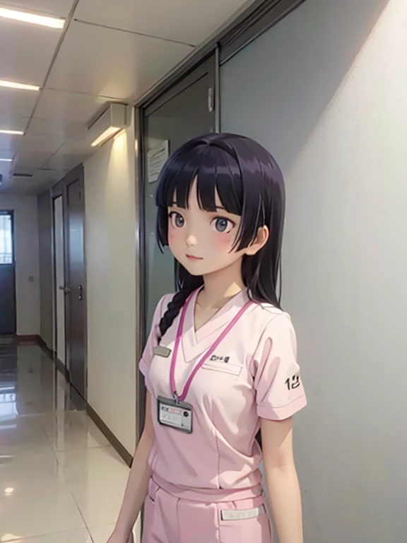 girl, alone, (ruri gokou), Hime cut, 医療用scrub、scrub、Female nurse、Hold in hand、Short sleeve、White trousers, (ID card)、strap、Hospital corridor、Warm lighting、sense of cleanliness