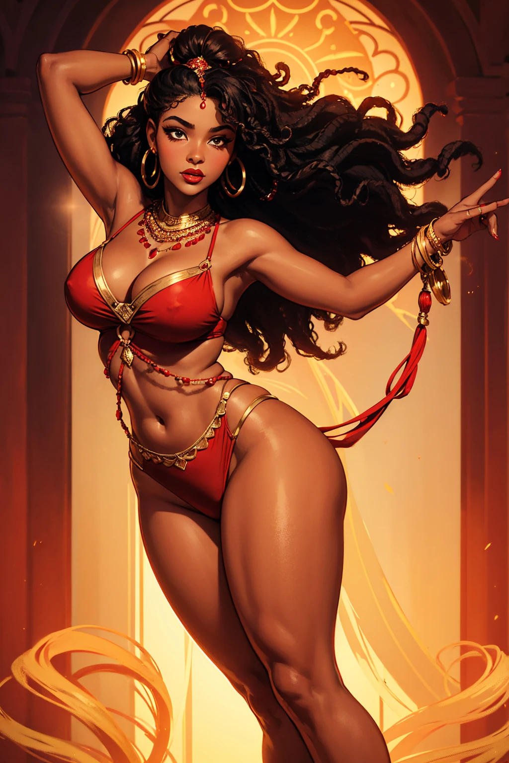 25 year old black woman, curly hair with strands falling in front of the face, intense red lipstick, voluptuous curves, red gypsy clothes with golden details also using typical accessories, in a dance pose