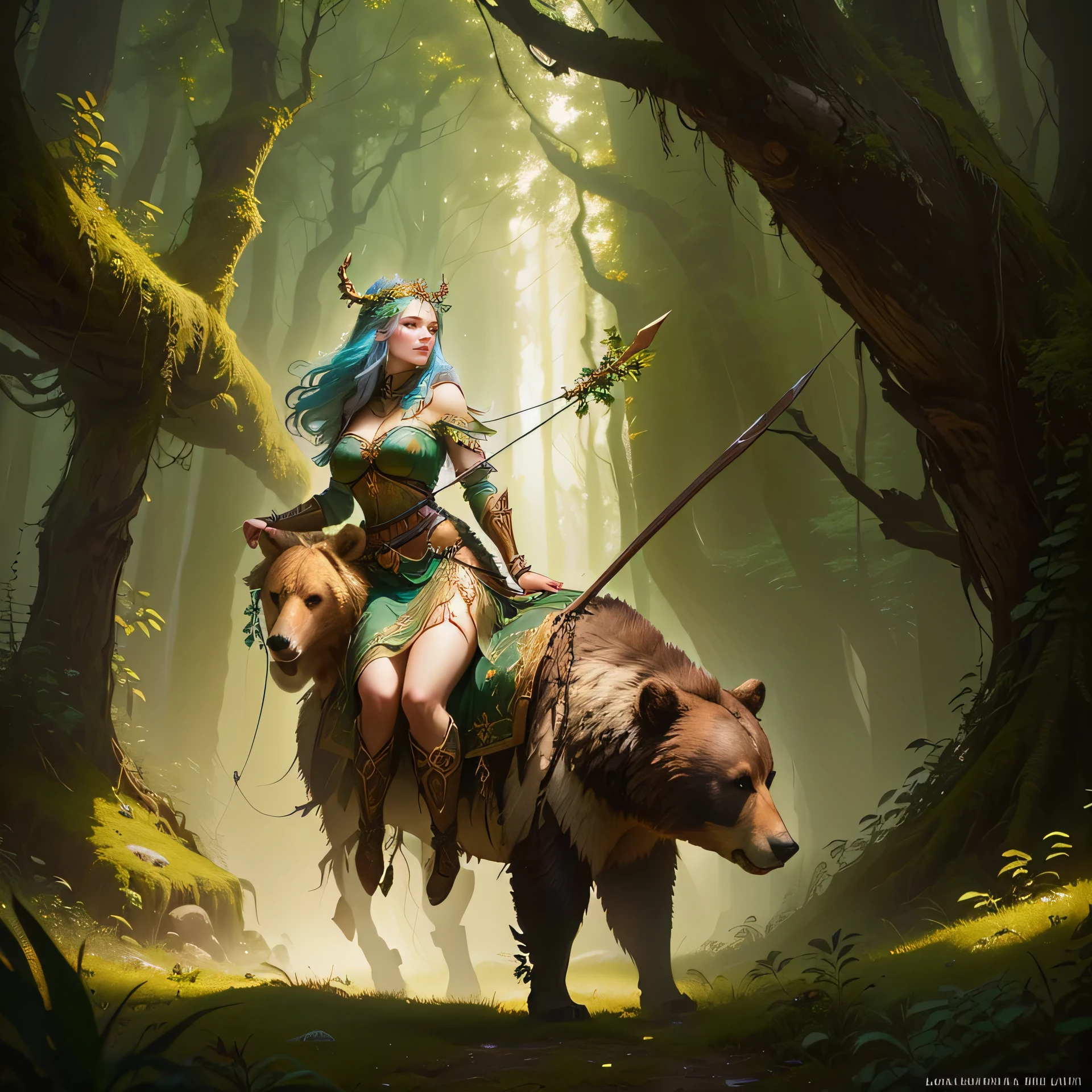 there is a woman riding a bear in the forest, forest goddess, lady huntress of the forest, queen of the forest, Wojtek FUS, arte de fantasia de tyler edlin, female forest archer, por Arthur Pan, Goddess of the hunt, by Alexander Gine, fêmea orc Druid da florestaa, Druid, linda Druid femininaa, Fantasy art Behance, Druid goddess