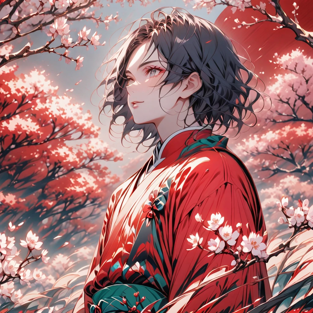 "Create an image of Giyu Tomioka from Demon Slayer, with a dominant red color theme. Giyu should be depicted in his usual Water Hashira attire, but the colors should be adjusted to various shades of red. The background should also incorporate red elements, such as red mist, cherry blossoms, or an abstract red pattern. The overall mood of the image should be intense and dramatic, with a focus on Giyu's calm and stoic expression."