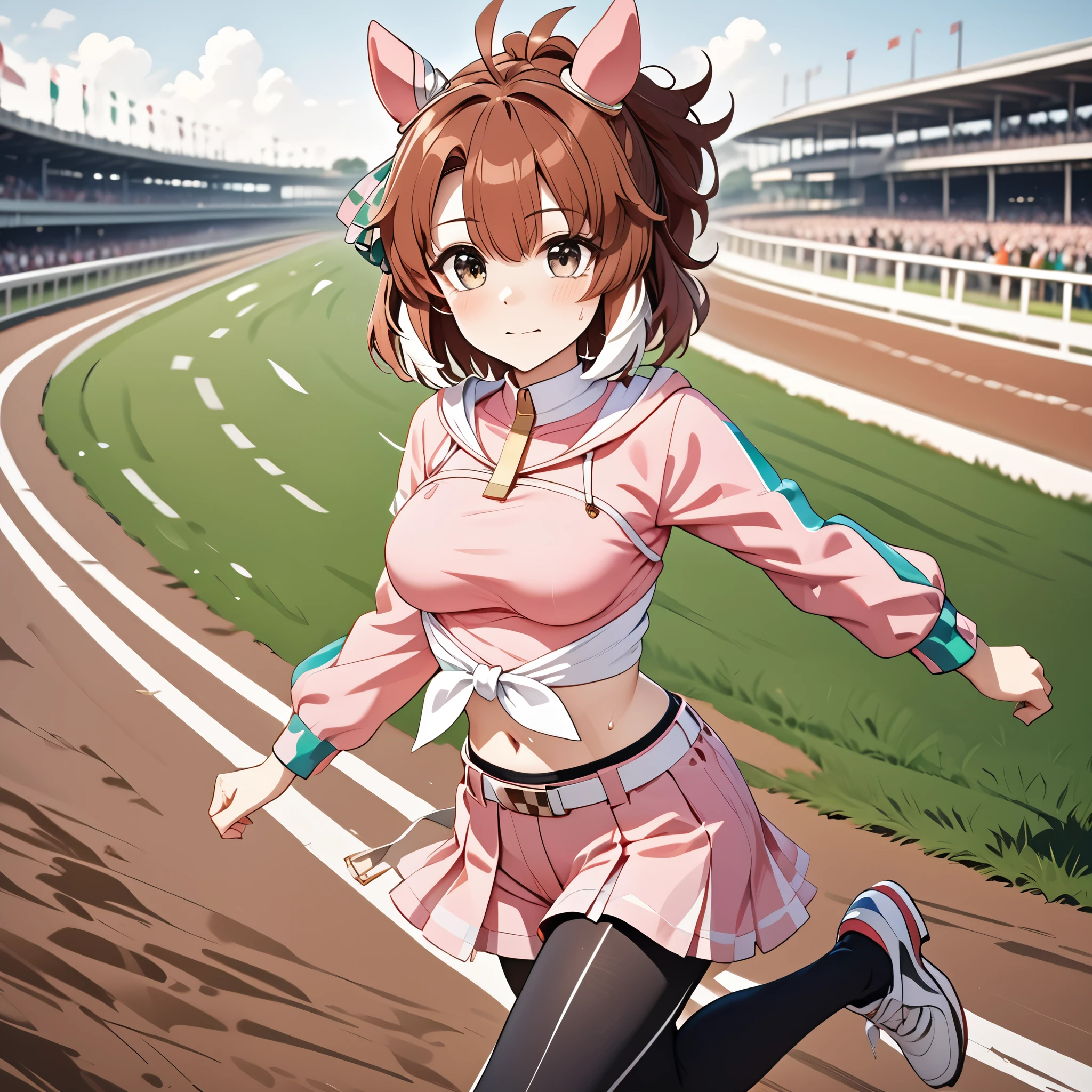 1girl,dantsu_flame\(umamusume\),horse tail,horse ears, black pantyhose, midriff, belt, tied shirt, pink skirt, navel, solo, pink shirt, long sleeves, pink shorts,from side,serious,sweat,closed mouth,grit your teeth, motion blur,(((running))),((dash)), sweat,smoke,(((turf))),motion lines, (((horse racing track))), chibi,,ai-generated,,beautiful eyes,masterpiece,best quality,highres,4k,8k,