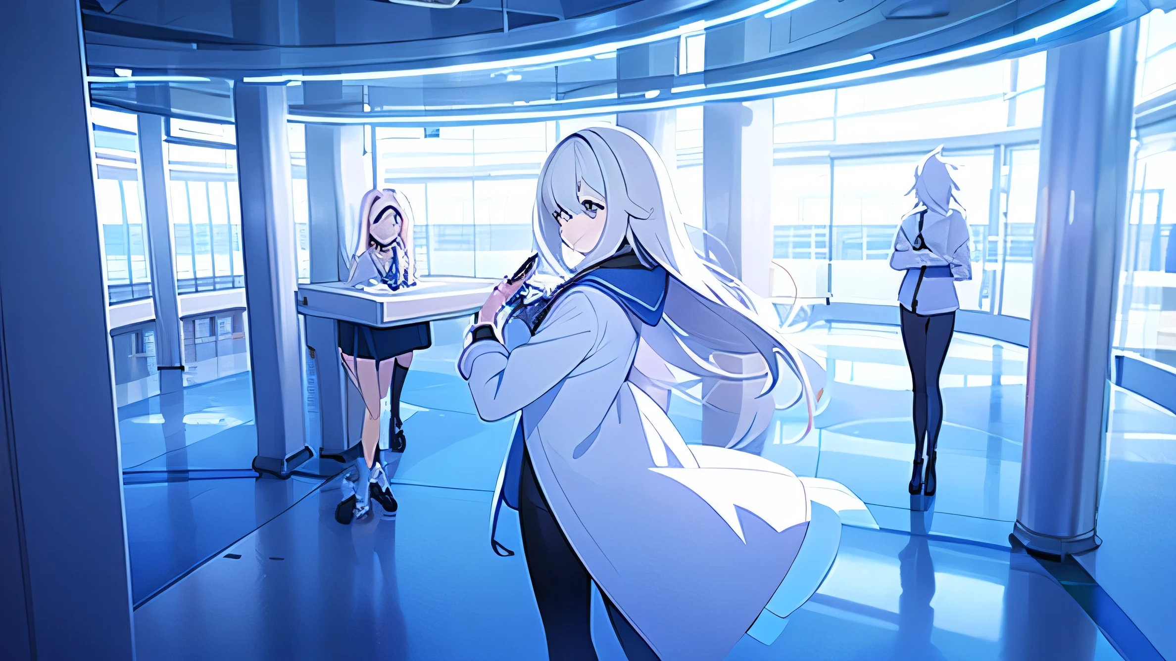Anime woman along with a team of 10 researchers Wear a white long-sleeved shirt to conduct the experiment. At the open space laboratory, a bird's eye view, the background is the sea.