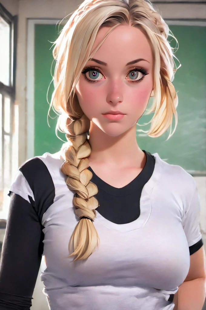 1girl, portrait of shot of re4ashley, athletic, black , white shirt, classroom, volumetric lighting, best quality, masterpiece, intricate details, tonemapping, sharp focus, hyper detailed, trending on Artstation, realistic,