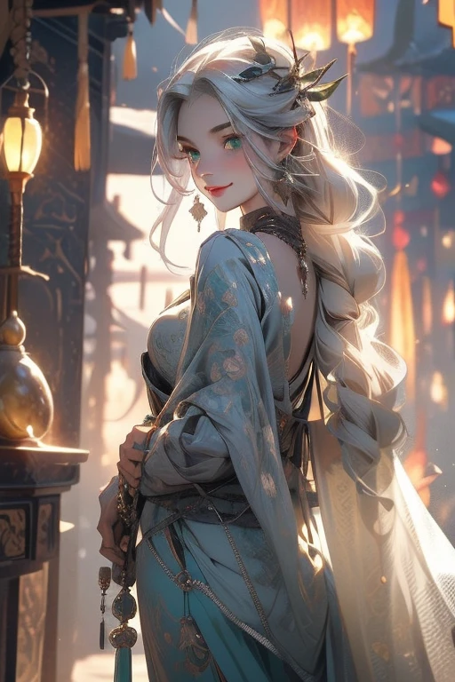 Perfect face. Perfect hands. A young silver haired woman with green eyes and an hourglass figure is smiling with a fan in the shrine