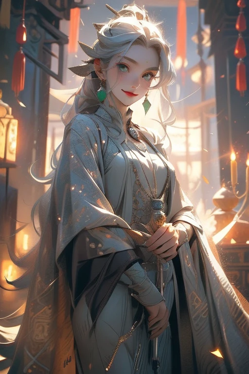 Perfect face. Perfect hands. A young silver haired woman with green eyes and an hourglass figure is smiling with a fan in the shrine