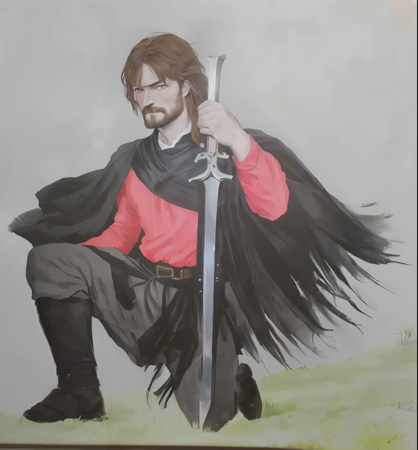 painting of a man with a sword and a red shirt, inspired by Robert Walker Macbeth, painting of a knight, like a medieval fantasy character, inspired by Clovis Trouille, inspired by Ambrosius Holbein, inspired by Hans Memling, boromir in an 80\animes world, inspired by Eleanor Fortescue-Brickdale, holding a broadsword