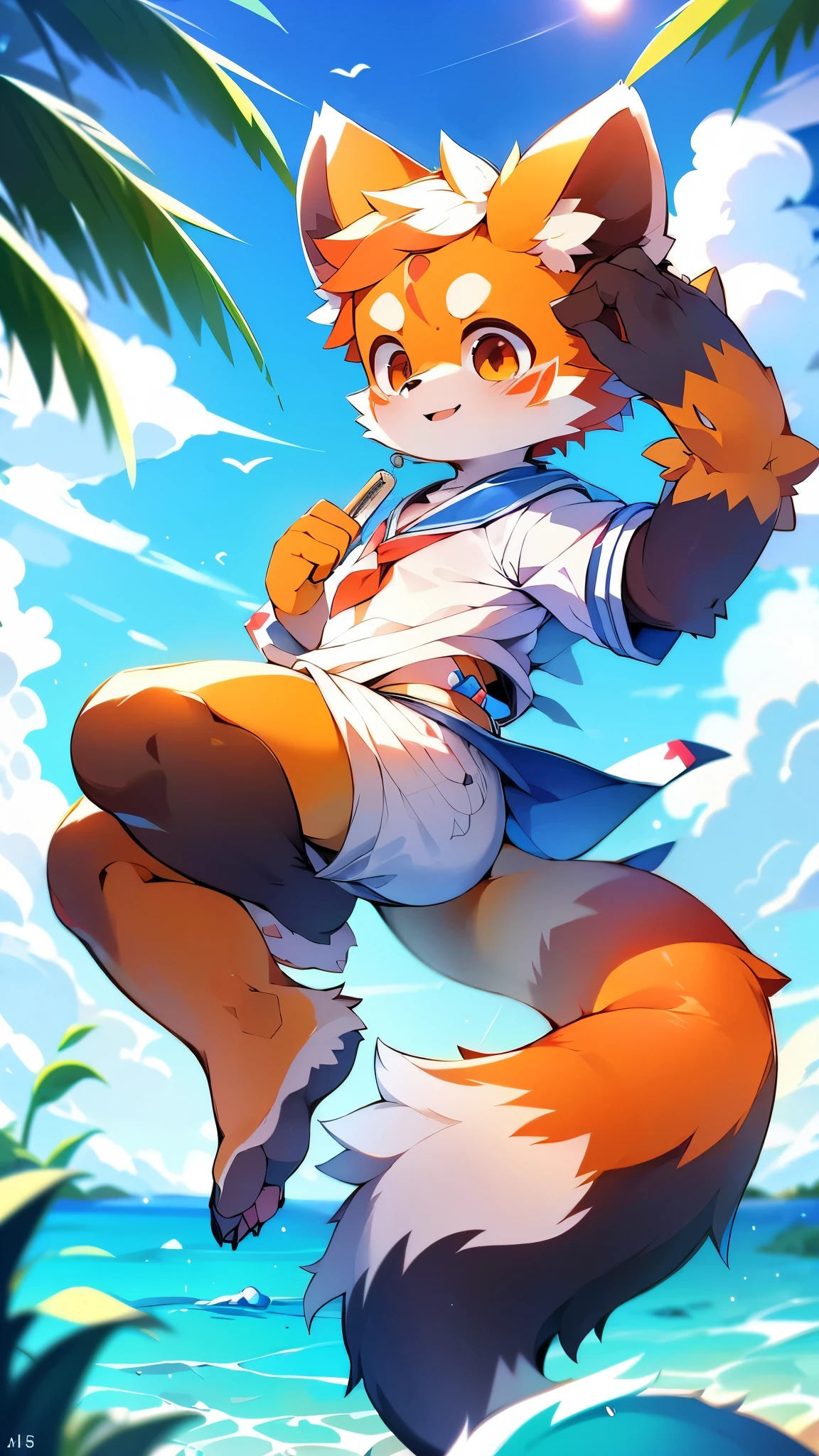 Red Panda Boy,School,student,(Cute characteristics of hoodies) Ultra-fine,Exact details,4K ultra-vivid,Cute Face,Fluffy fur,Furry,Water Play,swimming,Ocean,Cute art style in anime,(Cheerful teenager,15 years old:1.3)sunset,single,alone,towering,tall,Wink,running at full speed