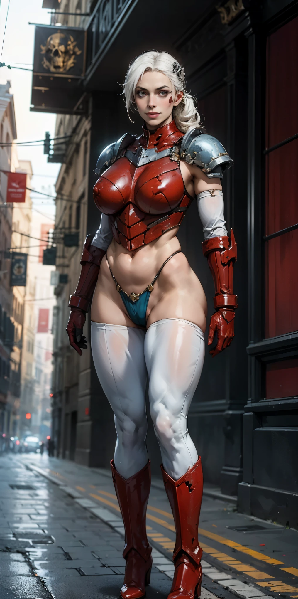 (masterpiece, best quality, 4k, 1girlsolo, 1MILF, mmplatz, smile, red cheeks, plain background:1.2) perfect face, perfect lighting, mature whsororitas with gloves red gauntlets in her hands like Cammy White from Street Fighter, bob white hair, warhammer 40k power armor suit with loincloth, red eyes like rubies, full body RED armor, view from below, looking to the viewer, arms to the sides empty hands, RED military boots, silver skull ornament attached to crossing 2 belt wide hips, 2 long legs