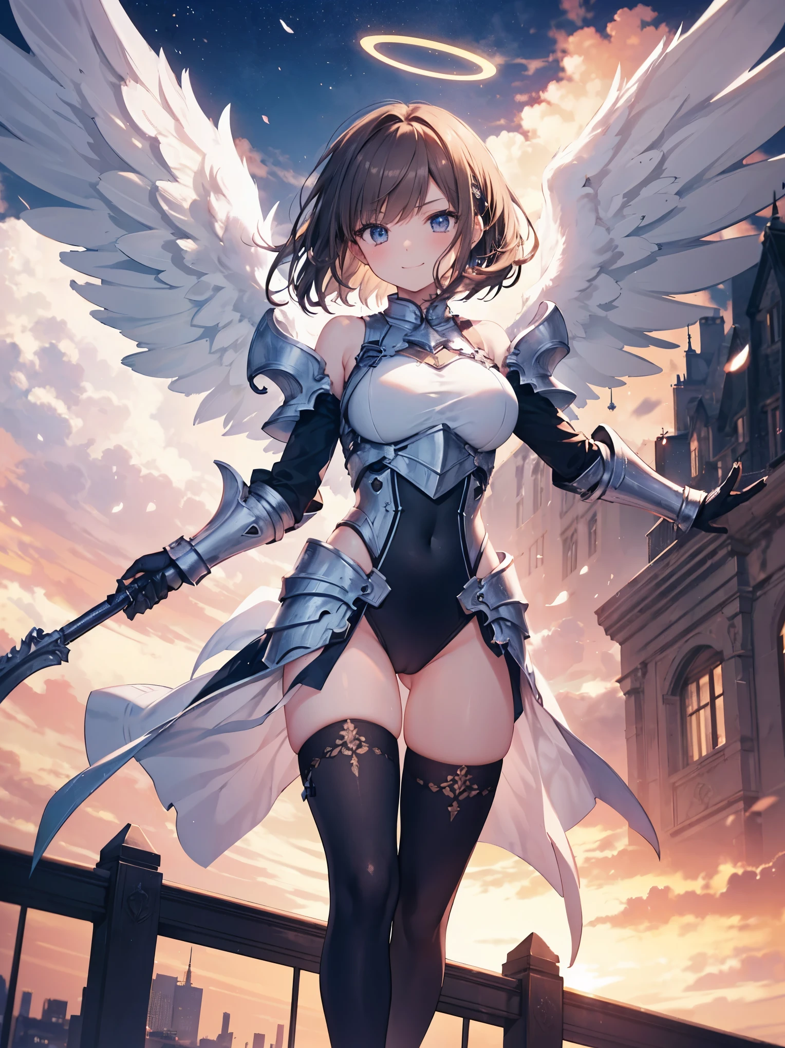 fantasy, 1angel_girl,(young_teen:1.5), ,brown_hair, medium_bob_hair, long_bangs, halo,bare_shoulder,thighhighs,silver_armor, waist_armor, large_breasts,angry,grinning,1pair_wings, dynamic_pose_fighting,floating, bare_crotch, headgear,gauntlet, greaves,city_background,slightly_spread_legs, solo, groin_naked,smile