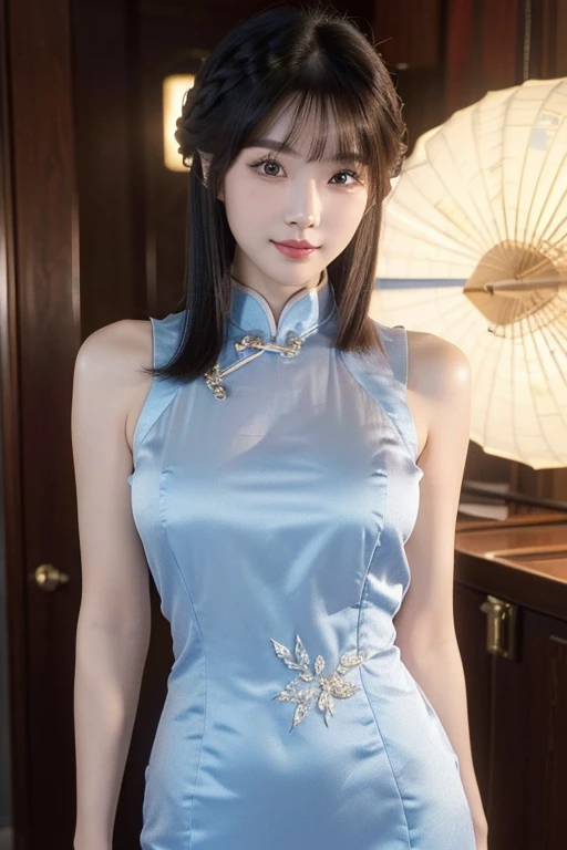 ((masterpiece、best quality))、shape、super detailed、8k、actual、sharp focus、Very detailed、professional lighting、spotlight、Colorful details、Detailed texture，A stunningly beautiful girl，Wearing a transparent cheongsam，(most suitable hairstyle:1.4)、(in the most helpful way:1.3)、(Half-length photo:1.4)、big breasts、perfect style、Body、18 years old、Smile、