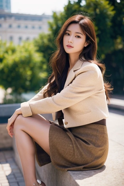 (Highest quality、Ultra-high resolution)、(Full Body Portrait)、(Brown blazer、shirt)、(Brown long skirt:1.3)、(silk pantyhose:1.1、High heels)、Both legs look beautiful、Sitting pose、1 girl、(Large Breastodern architecture in the background、(((Perfect Anatomy, Body, Perfect hands, Perfect Face, Perfect Eyes, Accurate, Anatomically correct))), Perfectly clear and sharp focus, (Highest quality、Ultra-high resolution, masterpiece, Ultra-realistic)、Professional Lighting