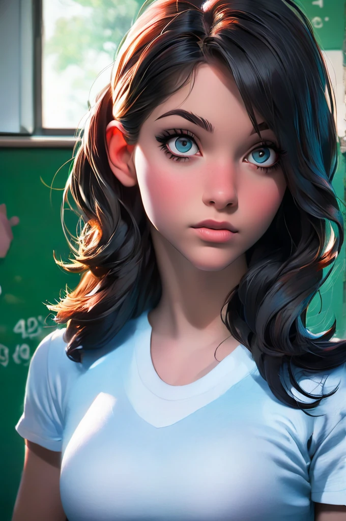 1girl, portrait of shot of re4ashley, athletic, black , white shirt, classroom, volumetric lighting, best quality, masterpiece, intricate details, tonemapping, sharp focus, hyper detailed, trending on Artstation, realistic, 