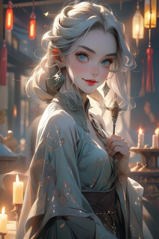 Perfect face. Perfect hands. A young silver haired woman with green eyes and an hourglass figure is smiling while practicing magic in the shrine