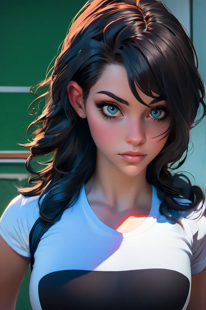 1girl, portrait of shot of re4ashley, athletic, black , white shirt, classroom, volumetric lighting, best quality, masterpiece, intricate details, tonemapping, sharp focus, hyper detailed, trending on Artstation, realistic,
