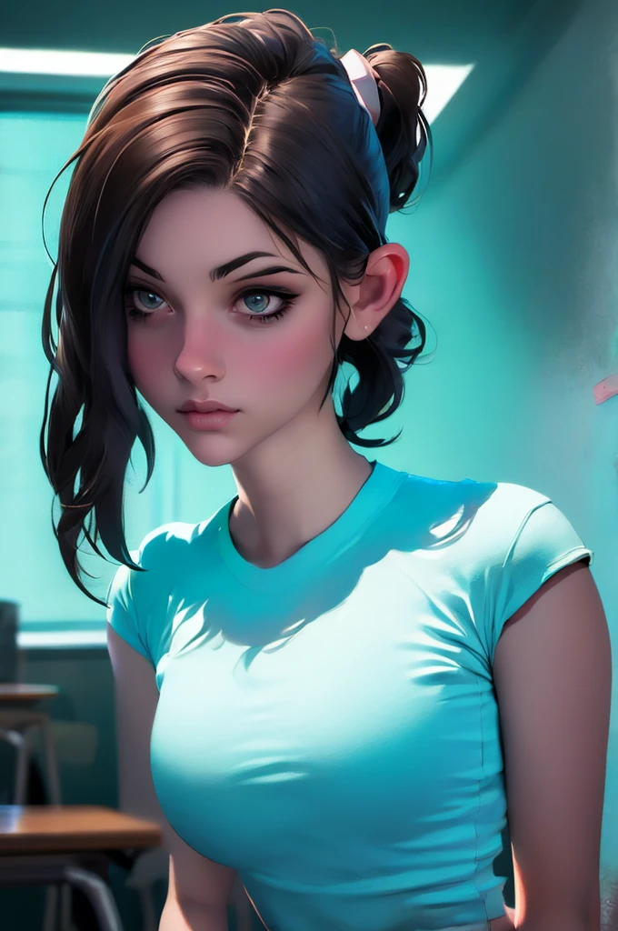 1girl, portrait of shot of re4ashley, athletic, black , white shirt, classroom, volumetric lighting, best quality, masterpiece, intricate details, tonemapping, sharp focus, hyper detailed, trending on Artstation, realistic,