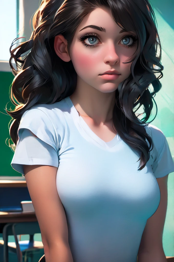 1girl, portrait of shot of re4ashley, athletic, black , white shirt, classroom, volumetric lighting, best quality, masterpiece, intricate details, tonemapping, sharp focus, hyper detailed, trending on Artstation, realistic, 