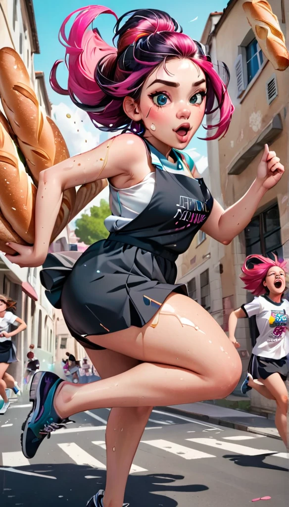 (running at full speed, followed by fat bakers jumping on her to hit them with baguette), girl with a beautiful face, black and pink hair, defined details, messy school clothes, looking at the camera, "Generate an illustration in a style that blends organic shapes with geometric patterns, emphasizing vibrant colors and dynamic compositions." (fat bakers running and grotesquely sweating)