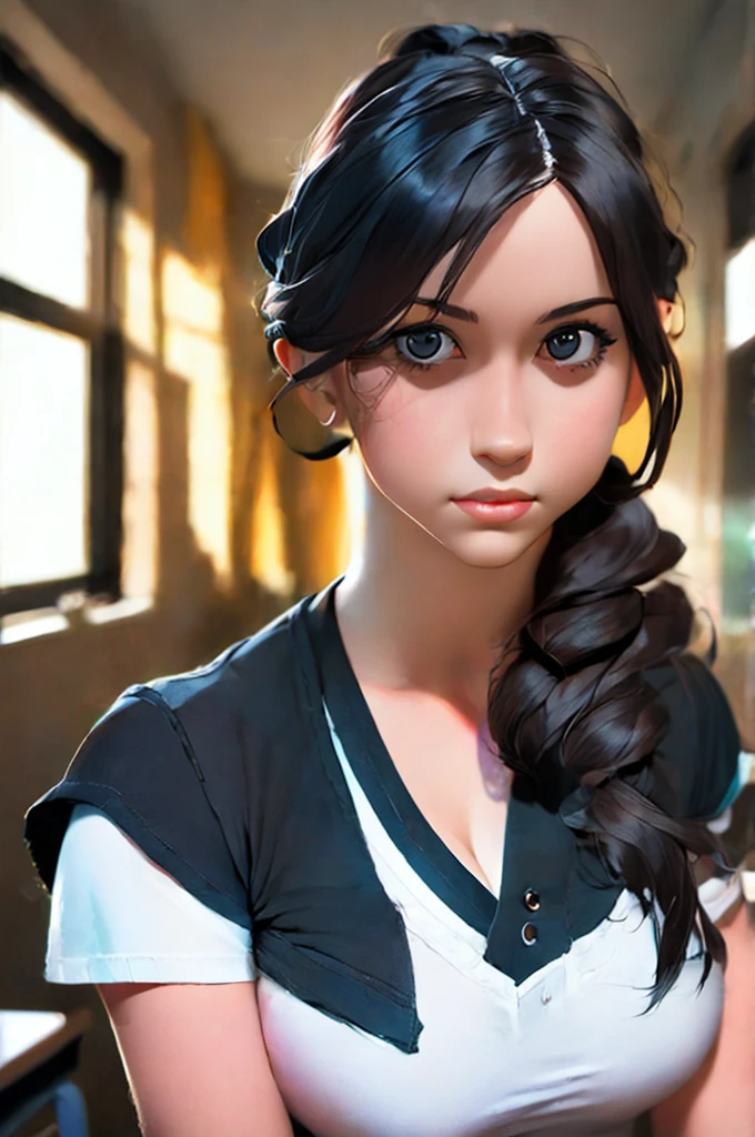 1girl, portrait of shot of re4ashley, athletic, black , white shirt, classroom, volumetric lighting, best quality, masterpiece, intricate details, tonemapping, sharp focus, hyper detailed, trending on Artstation, realistic,