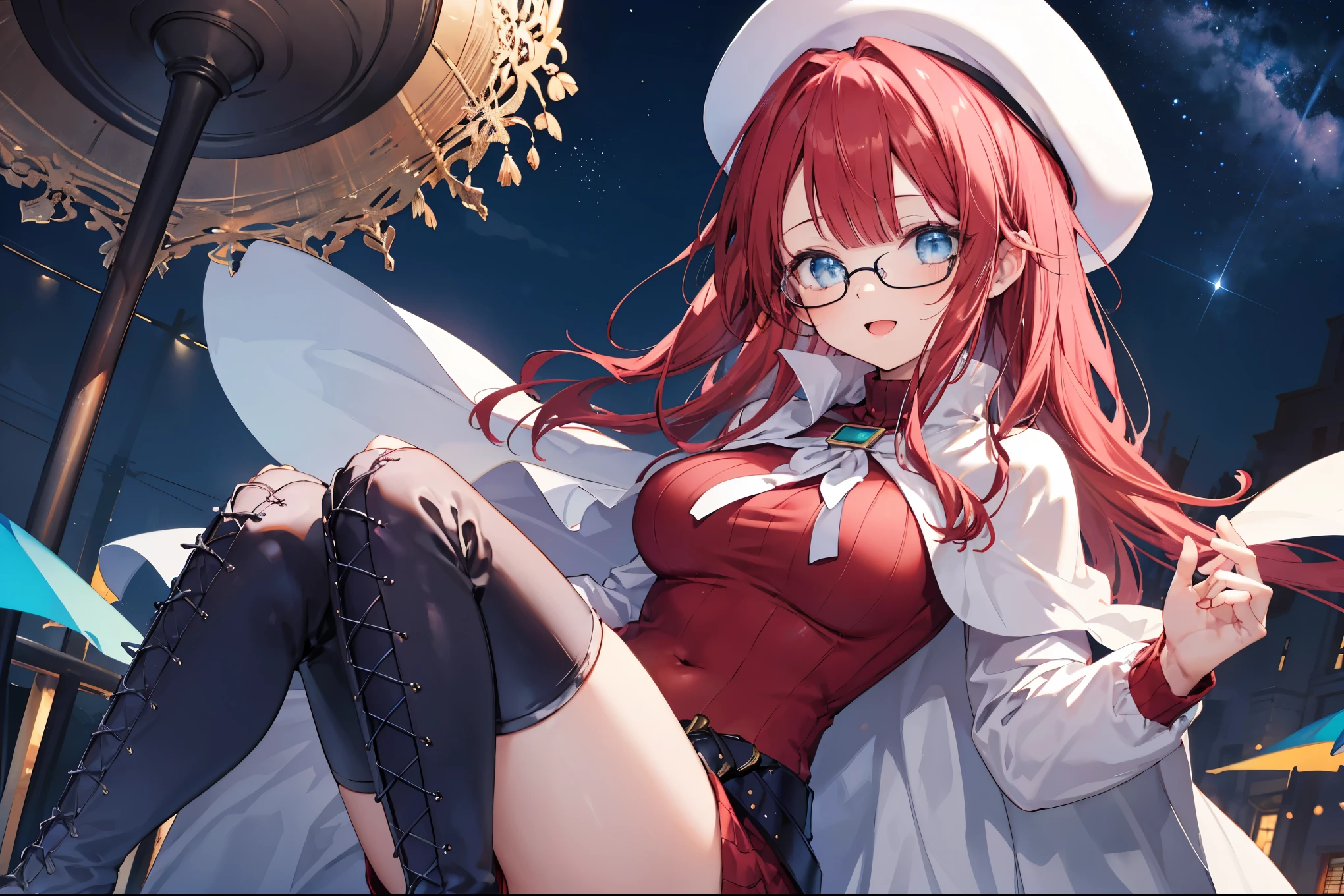 summonnightaty, aty, (young:1.3),long hair, blue eyes, red hair, big_tits, hat, glasses,
BREAK long hair, thighhighs, hat, dress, naked_legs, glasses, belt, cape, sweater, zettai ryouiki, beret, thigh boots, white footwear, ribbed sweater, loose belt,solo,
BREAK outdoors, fantasy,
,Highquality_hads,perfect_fingers,
BREAK (masterpiece:1.2), best quality, high resolution, unity 8k wallpaper, (illustration:0.8), (beautiful detailed eyes:1.6), extremely detailed face, perfect lighting, extremely detailed CG, (perfect hands, perfect anatomy),covered_nipples,covered_navel ,half_eyes,long_sword,sleepy_eyes,red_sweater,apart_knees,magical_effect,spread_legs, have_a_book,teacher,rise_knee,Smile,rise_hand,look_down_viewer,spread_arms,,looking_into,plump,open_mouth, dynamic_posing,solo,in_Emodern_town_landscape,night_sky,solo