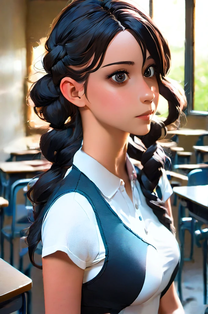 1girl, portrait of shot of re4ashley, athletic, black , white shirt, classroom, volumetric lighting, best quality, masterpiece, intricate details, tonemapping, sharp focus, hyper detailed, trending on Artstation, realistic,