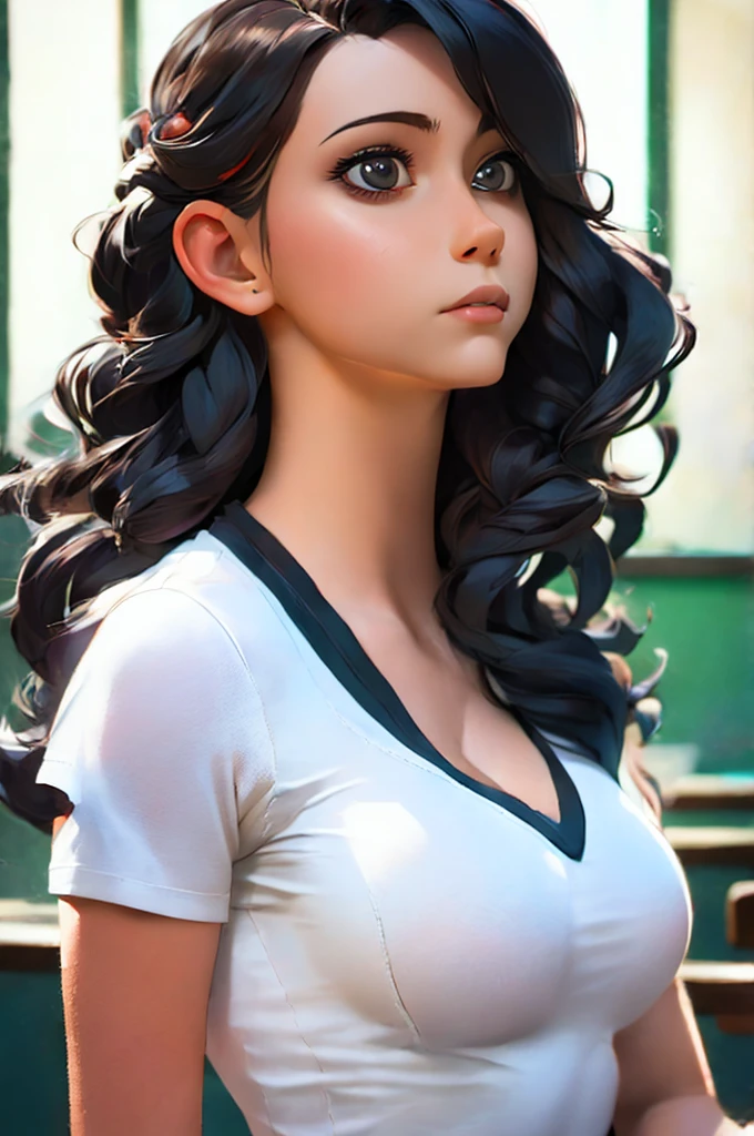 1girl, portrait of shot of re4ashley, athletic, black , white shirt, classroom, volumetric lighting, best quality, masterpiece, intricate details, tonemapping, sharp focus, hyper detailed, trending on Artstation, realistic,