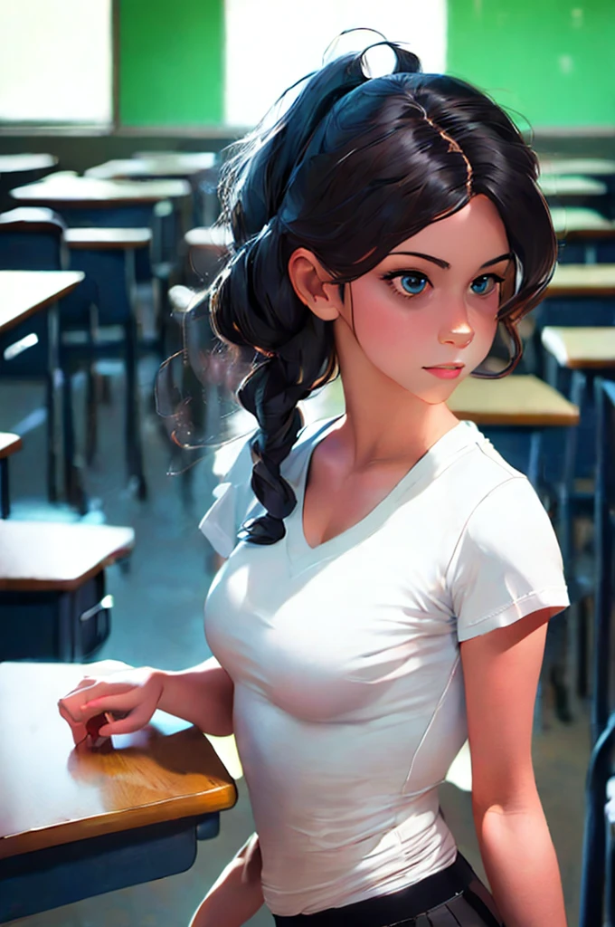 1girl, portrait of shot of re4ashley, athletic, black , white shirt, classroom, volumetric lighting, best quality, masterpiece, intricate details, tonemapping, sharp focus, hyper detailed, trending on Artstation, realistic,