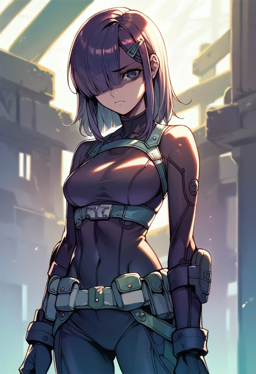 (((Masterpiece))), best quality, cowboy shot, (perfect anatomy), realistic face, outdoors, sunny, warm sunlight, backlighting, dramatic lighting, painterly 1girl, hair over one eye, medium hair, blunt bangs, hair clip, crop top, bodysuit, bodysuit under clothes, solo, three quarter view, light frown, medium breasts, side locks, black bodysuit, shaded face, utility belt