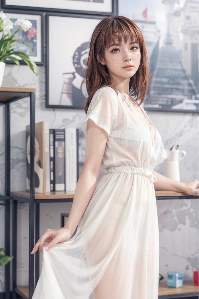 Kasumi, brown eyes, (best quality, ultra-detailed), (realistic:1.37), beautiful and detailed face, ultra-realistic texture, delicate face, delicate body, red lipstick, bright colors. High definition, 8K,