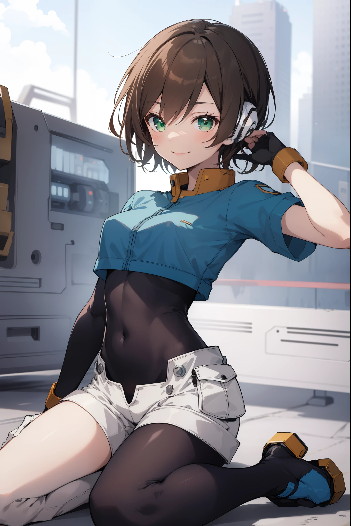 aile_megamanzx, kneeling with one hand on the ground and the other arm raised, 1girl, solo, short hair, brown hair, short sleeves, (bodysuit), robot ears, green eyes, shorts, short sleeves, short over long sleeves, smile, in futuristic city, masterpiece, high quality, 