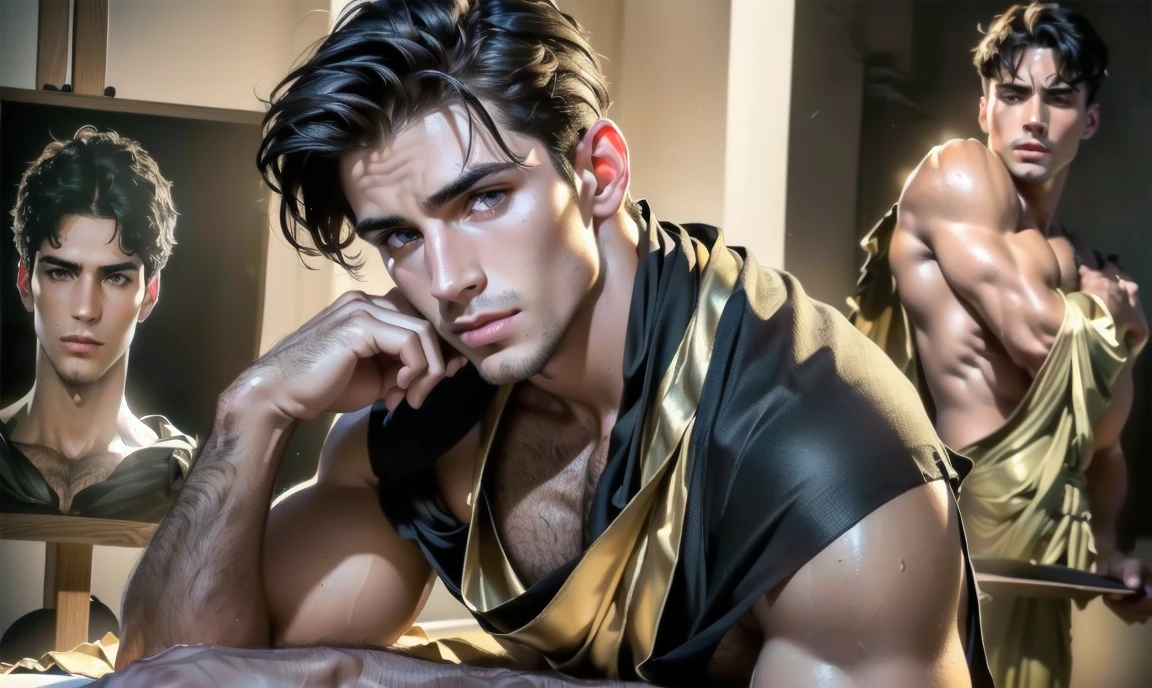 "((highly detailed, detailed eyes, detailed face, clear and realistic facial features, photorealistic, realistic light; cinematic)), ((((life drawing class)))), (((seductive sensual erotic gorgeous male model posing))), (short dark hair), (((wearing a classy draped roman toga))."