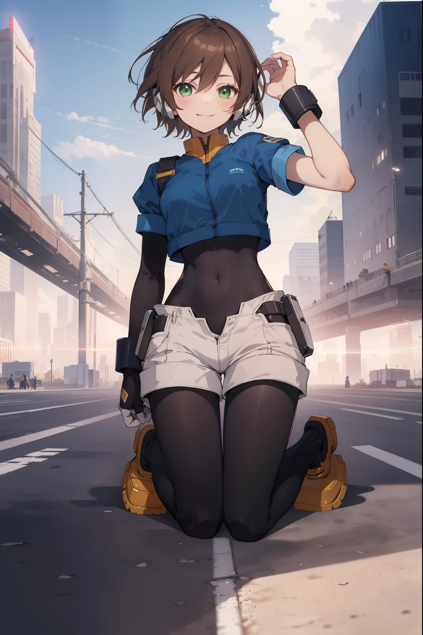 aile_megamanzx, kneeling with one hand on the ground and the other arm raised, 1girl, solo, short hair, brown hair, short sleeves, (bodysuit), robot ears, green eyes, shorts, short sleeves, short over long sleeves, smile, in futuristic city, masterpiece, high quality, 