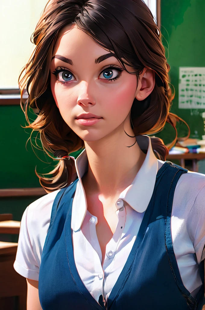 1girl, portrait of shot of re4ashley, athletic, black , white shirt, classroom, volumetric lighting, best quality, masterpiece, intricate details, tonemapping, sharp focus, hyper detailed, trending on Artstation, realistic,