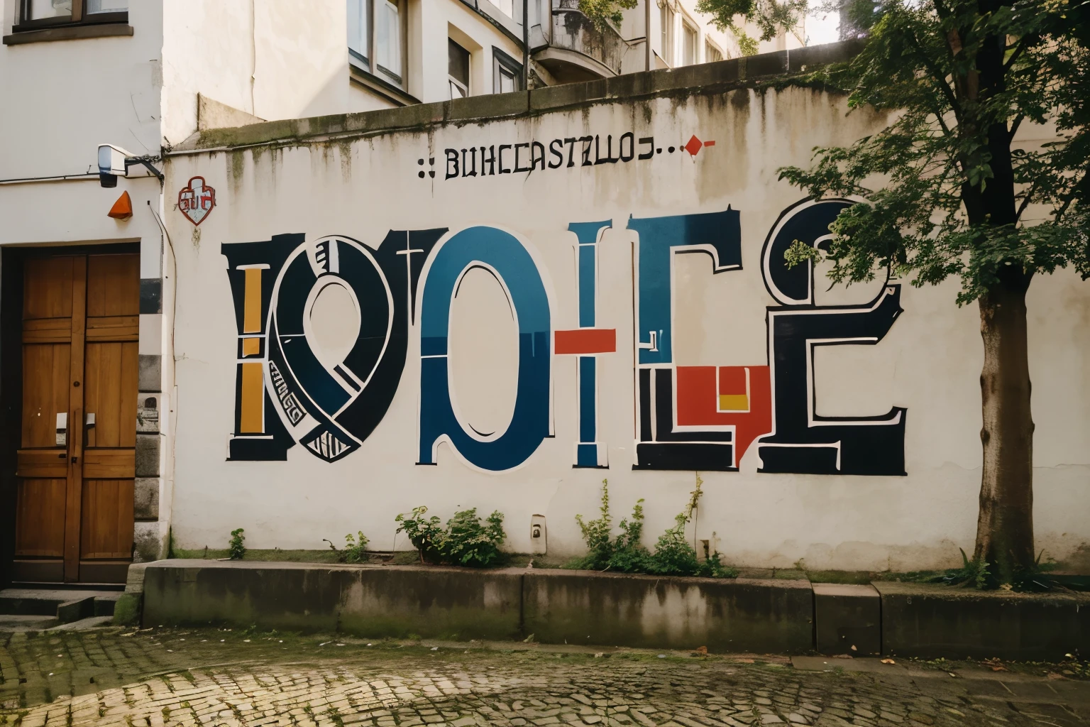 Mural stones Leipzig as background with initials "HUK-COBURG in Leipzig"