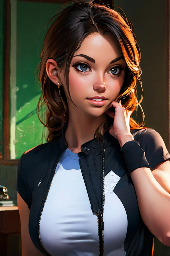 1girl, portrait of shot of re4ashley, athletic, black , white shirt, classroom, volumetric lighting, best quality, masterpiece, intricate details, tonemapping, sharp focus, hyper detailed, trending on Artstation, realistic, 