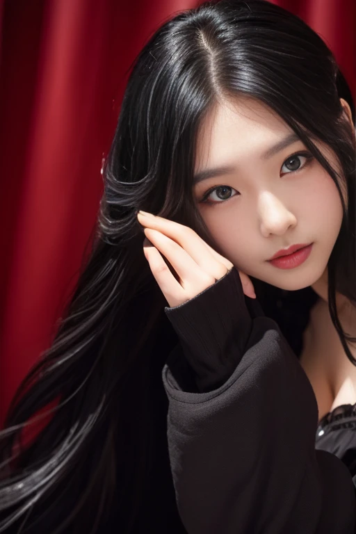 A woman with long hair and a black dress is posing for a photo, Shot with Canon EOS 5D, Shot with Canon EOS 5D, Shot with Canon EOS 5D, Chiho, Ayaka, Ayami, Photo taken with Nikon D750, Photo taken with Nikon D750, close - up studio photo