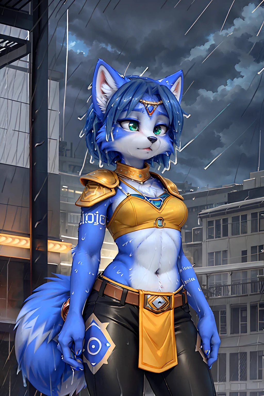 A beautiful and detailed (sweet picture) wa ((krystal)), Star Fox krystal,  green eyes, medium breasts, (((Long blue hair 1.3))),  anthro, furry, (wa Fluff-Kevlar, Bayard Wu, personalize me, Pino Daeni),  detailed fluffy fur, detailed face, (fluffy), 1 girl, alone, hair cover one eye:1.4, (((stands in the rain:1.4))), Heavy rain, storm,  (((looks at the sky:1.4))), has a sad facial expression, wa der Seite sehen, wears tribal clothing with leather armor, wears tribal top with leather armor, soaked, 