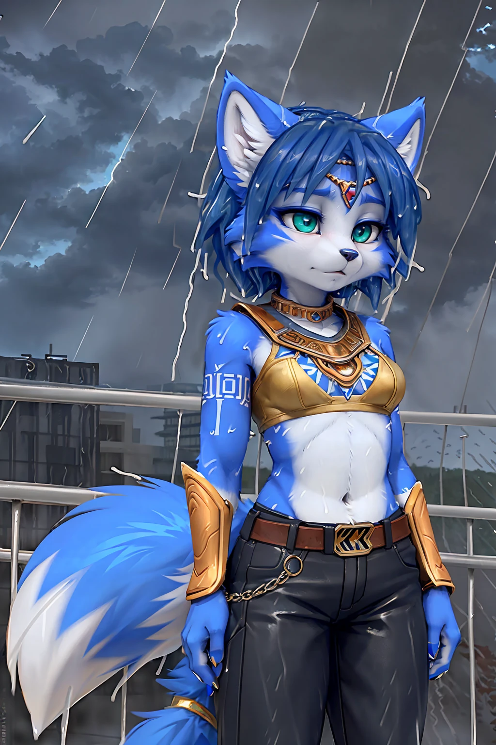 A beautiful and detailed (sweet picture) of ((Krystal)), Star Fox Krystal, green eyes, medium breasts, (((Long blue hair 1.3))), anthro, furry, (of Fluff-Kevlar, Bayard Wu, Personalami, Pino Daeni), detailed fluffy fur, detailed face, (fluffy), 1 girl, alone, hair cover one eye:1.4, (((stands in the rain:1.4))), Heavy rain, storm, stands on a meadow, (((looks at the sky:1.4))), has a sad facial expression, to see from the side, to see in profile, wears tribal clothing, wears tribal top with leather armor
