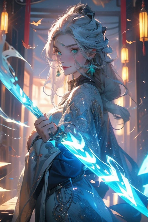 Perfect face. Perfect hands. A young silver haired woman with green eyes and an hourglass figure is smiling while practicing magic in the shrine