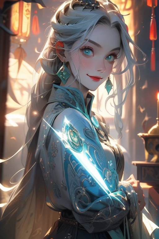 Perfect face. Perfect hands. A young silver haired woman with green eyes and an hourglass figure is smiling while practicing magic in the shrine