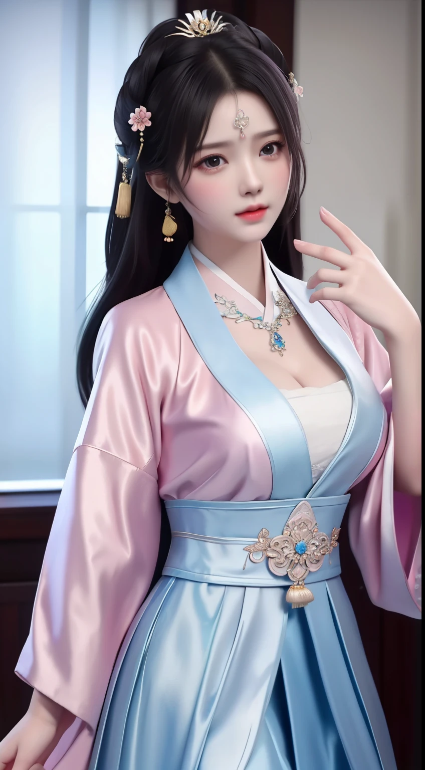best quality, masterpiece, highres, 1girl,china dress,hair ornament,necklace, jewelry,Beautiful face,upon_body, tyndall effect,photorealistic, dark studio, rim lighting, two tone lighting,(high detailed skin:1.2), 8k uhd, dslr, soft lighting, high quality, volumetric lighting, candid, Photograph, high resolution, 4k, 8k, Bokeh, Wet-breasted Hanfu open V-chested clothes, All pictures, Wet body of thin silk fabric, Thin silk lace petticoat,princess 10 yeald old cute, (huge ,cleavage),petticoat, white pink, blue ,best qualtiy,tmasterpiece,Ultra-high resolution,(Reality:1.4),RAW photogr,(True skin texture:1.3),(filmgrain:1.3),(Selfie angle),1个Giant Breast Girl,Beautiful eye and face details,tmasterpiece,Best quality at best,exposing thighs,Bigchest,The chest is more exposed, pattern on fabric