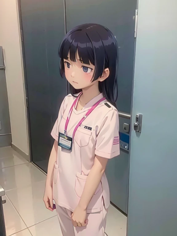 girl, alone, (ruri gokou), Hime cut, Medical scrub、Light Blue Club、Female nurse、Hold in hand、Short sleeve、Long trousers, (ID card)、strap、Hospital corridor、Warm lighting、sense of cleanliness