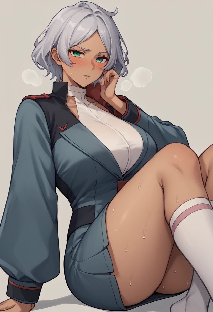 Huge breasts、blush、Sweat、In the heat、Cecilia Douth, Dark Skin, 浅Dark Skinの女性, Green Eyes, short hair, Gray Hair,The whole body is visible、White knee-high socks、
{Highest quality}, {so beautiful}, {Very detailed}, {Best illustrations},Life、slim:1.5、White high neck knit、Navy blue jacket、Navy suit tight skirt