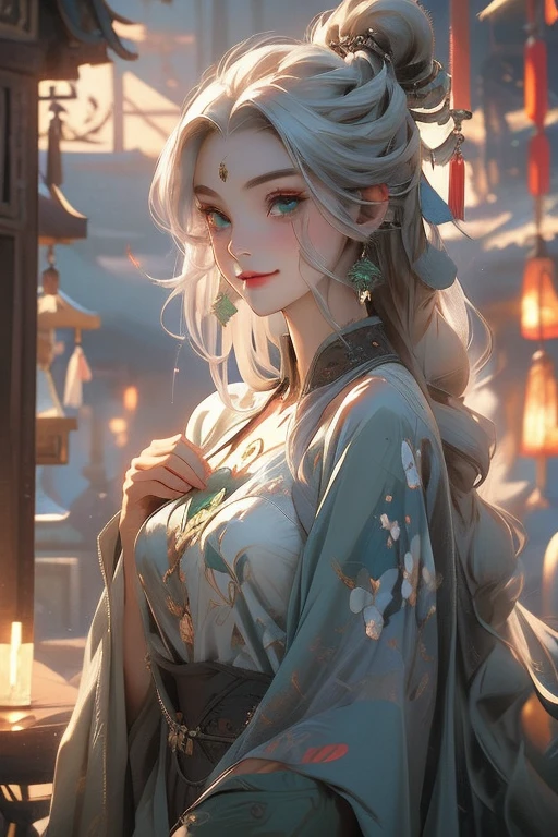 Perfect face. Perfect hands. A young silver haired woman with green eyes and an hourglass figure is smiling while drinking tea in the shrine